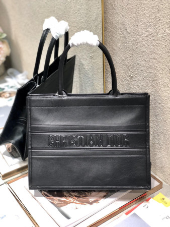 calfskin embossed medium D*or book tote black 14 x 11 x 6.5 inches