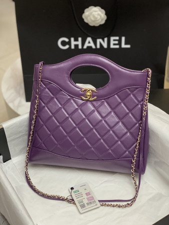 Ch*el shopping bag shiny lambskin & gold-tone metal 11.7 × 11.3 × 3.5 in