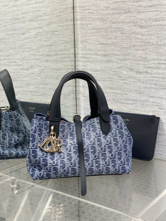 small D*or toujours bag  blue denim D*or oblique jacquard 23 x15 x15cm