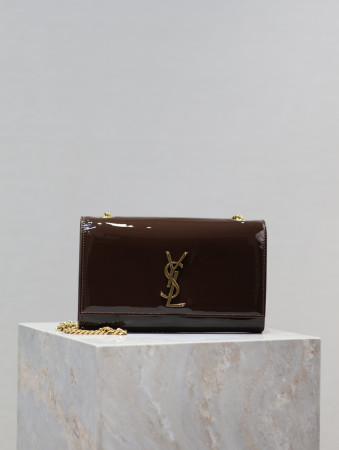 Y*L kate medium in shiny leather brown 9.4 x 5.7 x 2.1 inches