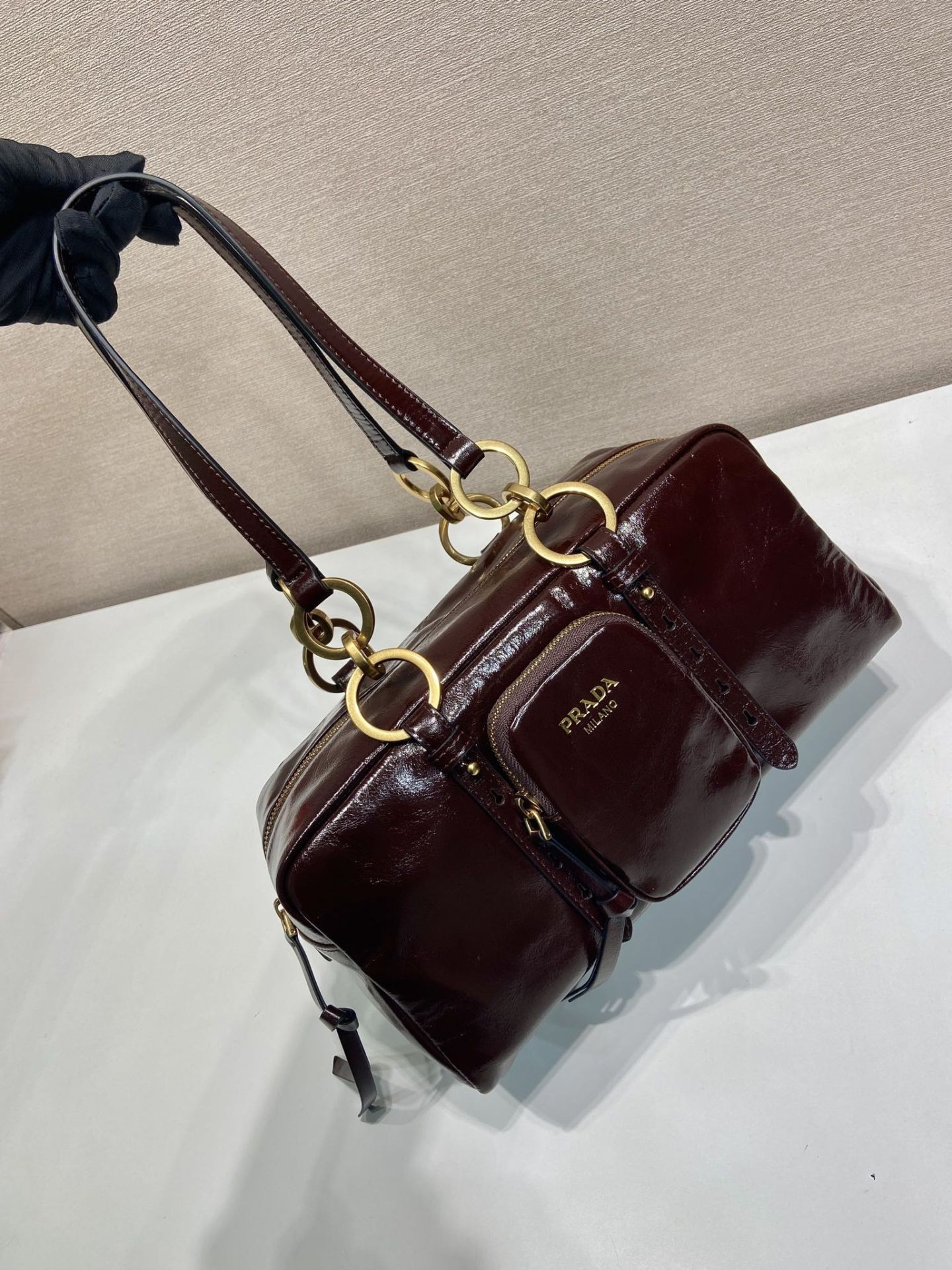 Pra*a dangle medium leather top-handle bag 14x30x13.5cm