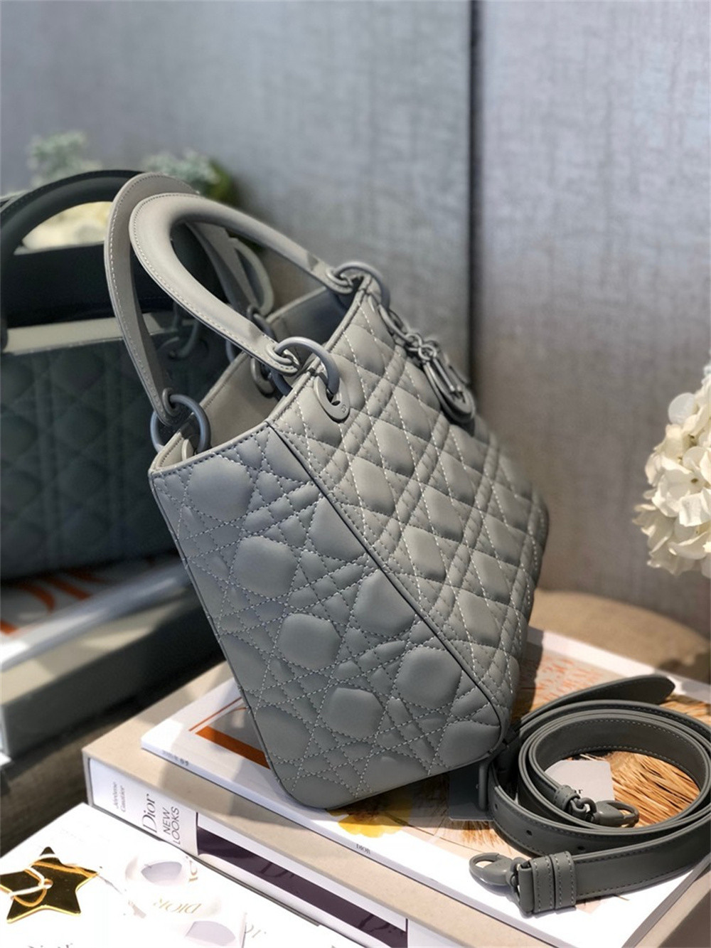 medium lady D*or bag 9.5 x 8 x 4.5 inches