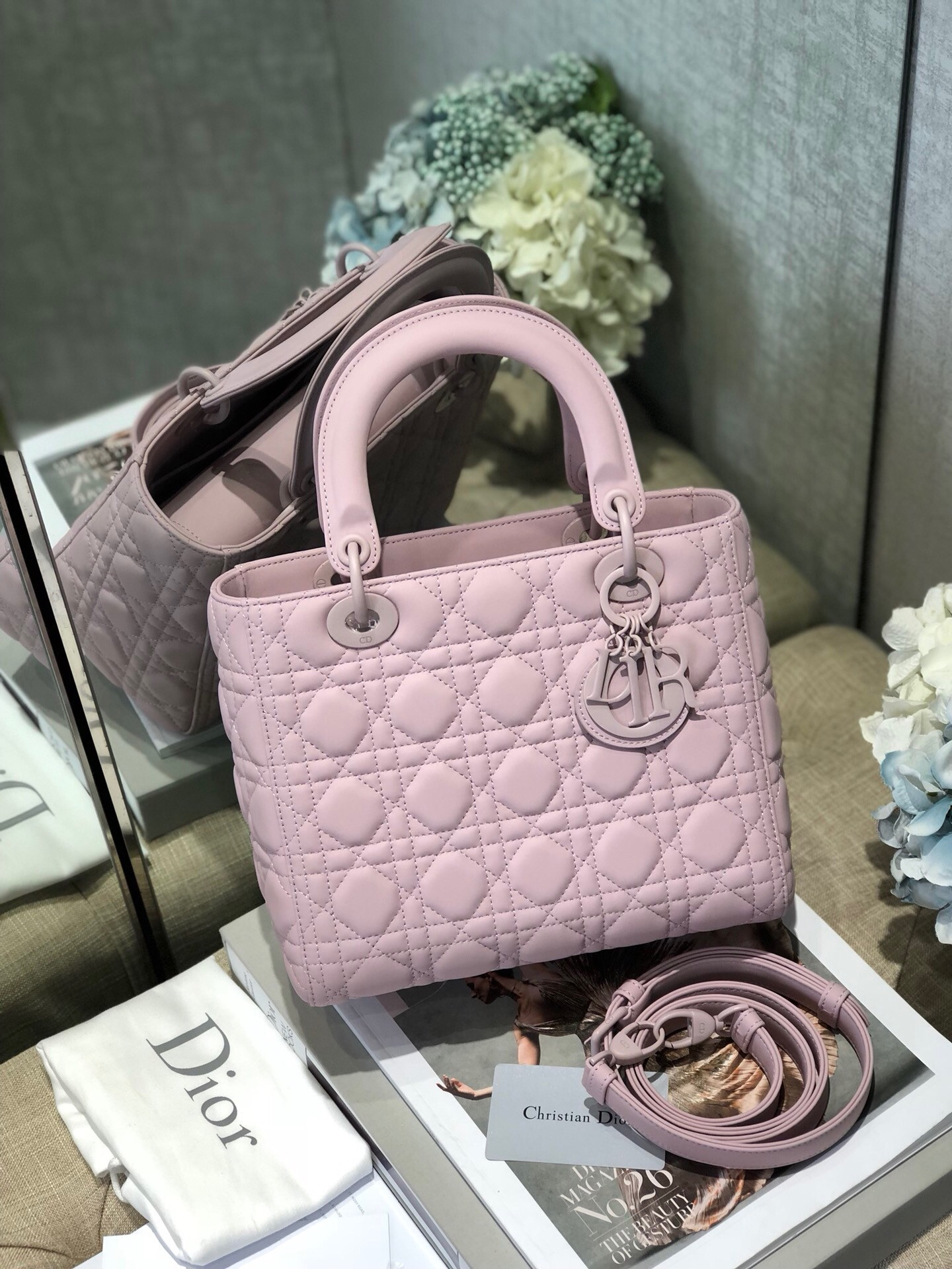 medium lady D*or bag 9.5 x 8 x 4.5 inches