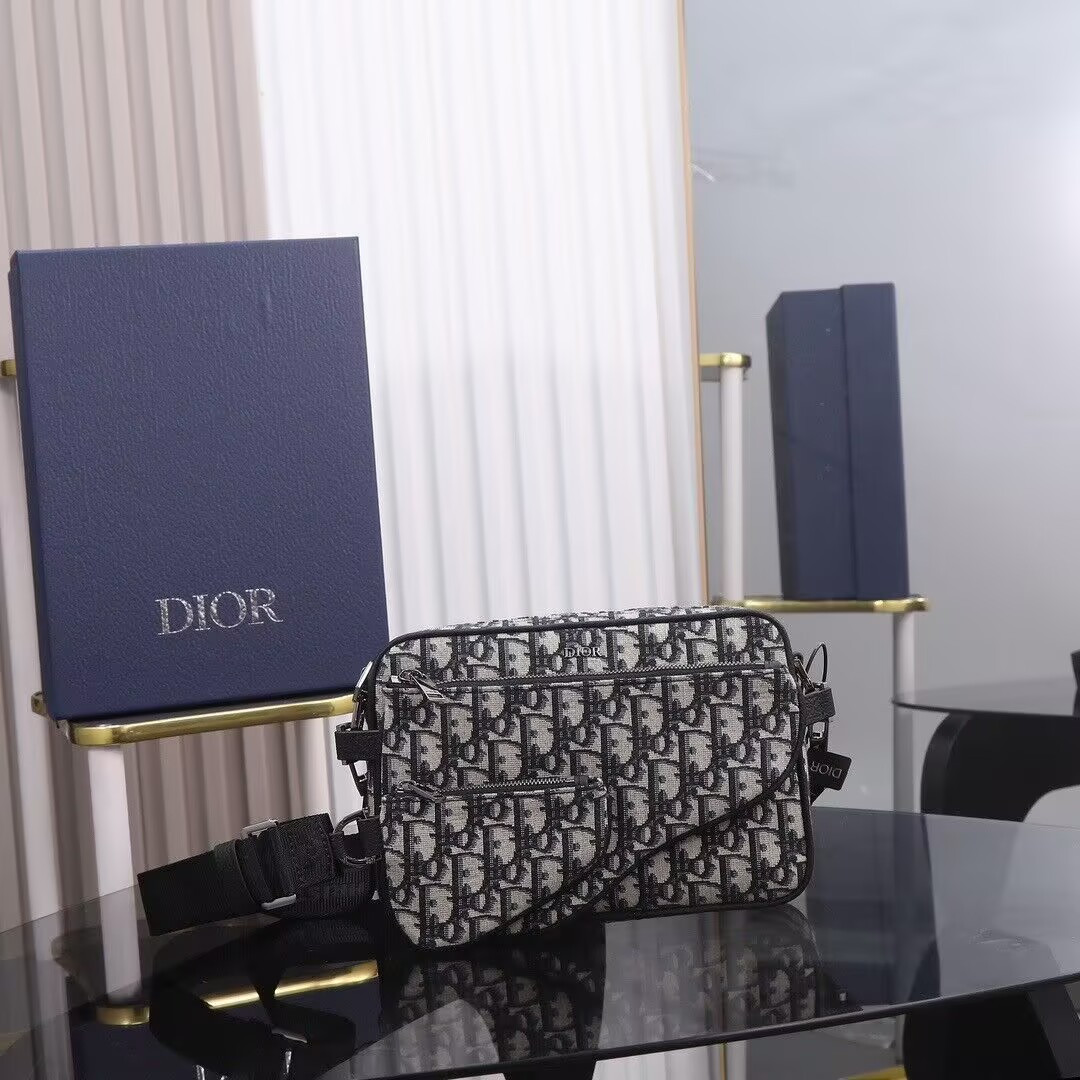 D*or saddle triple pouch beige and black D*or oblique jacquard 18x25x5cm