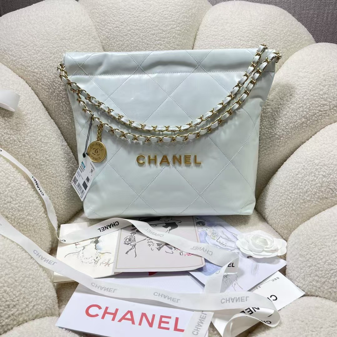Ch*el 22 small handbag shiny calfskin light blue 37x35x7cm