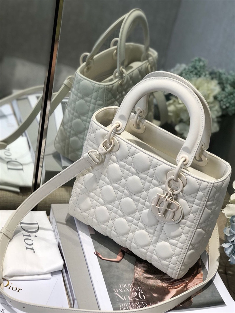 medium lady D*or bag 9.5 x 8 x 4.5 inches
