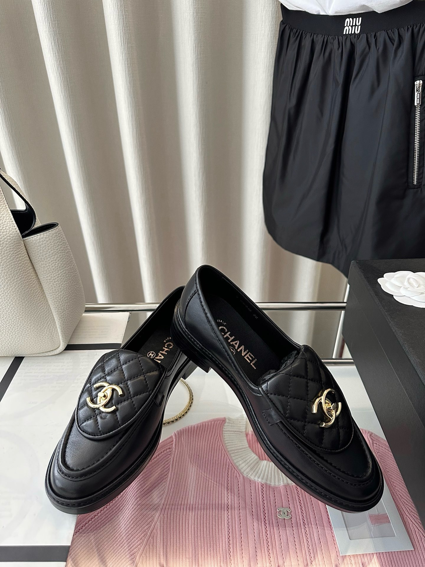 Ch*el quilted tab loafers black leather