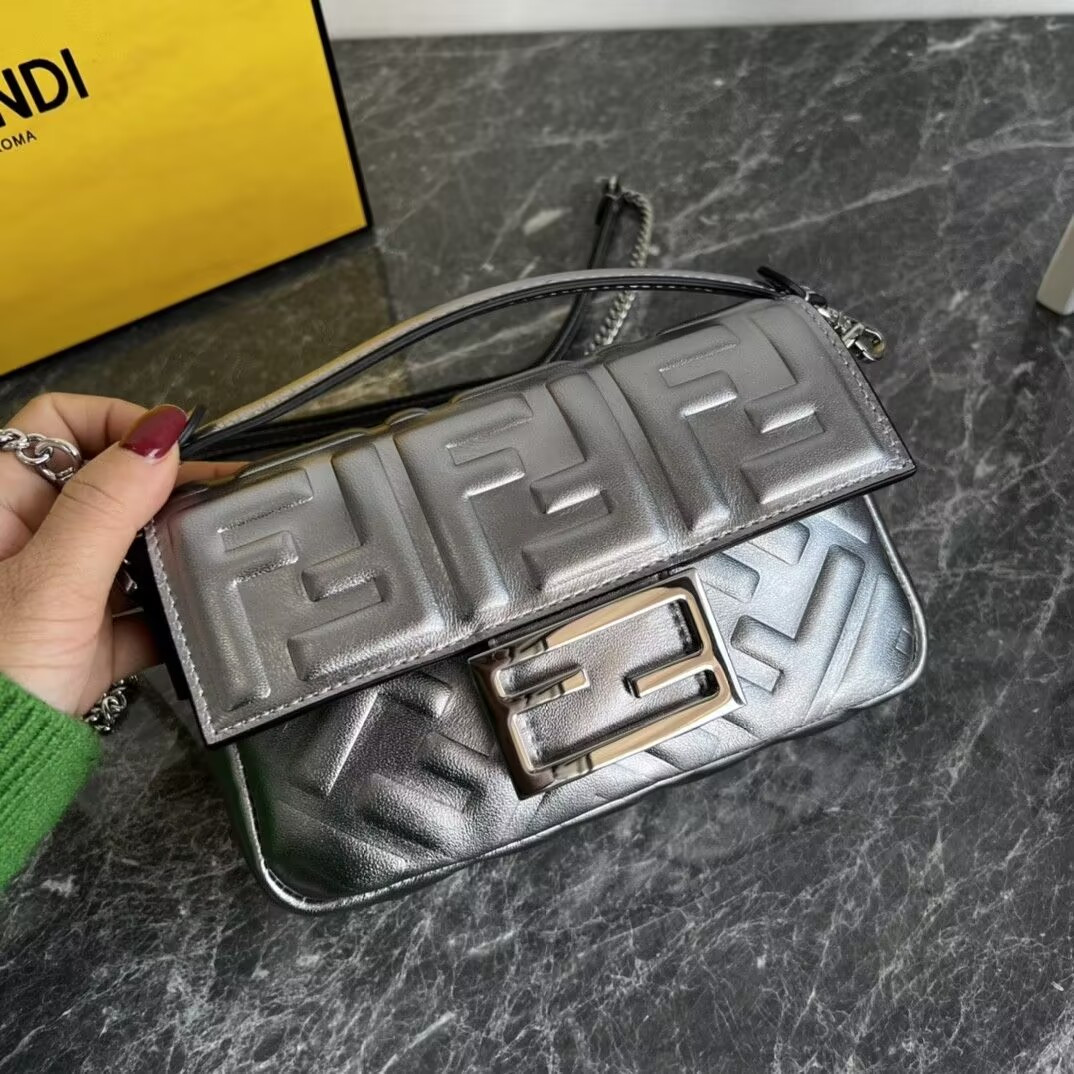 F**di baguette phone pouch craquelé silver leather pouch 19x5x12cm