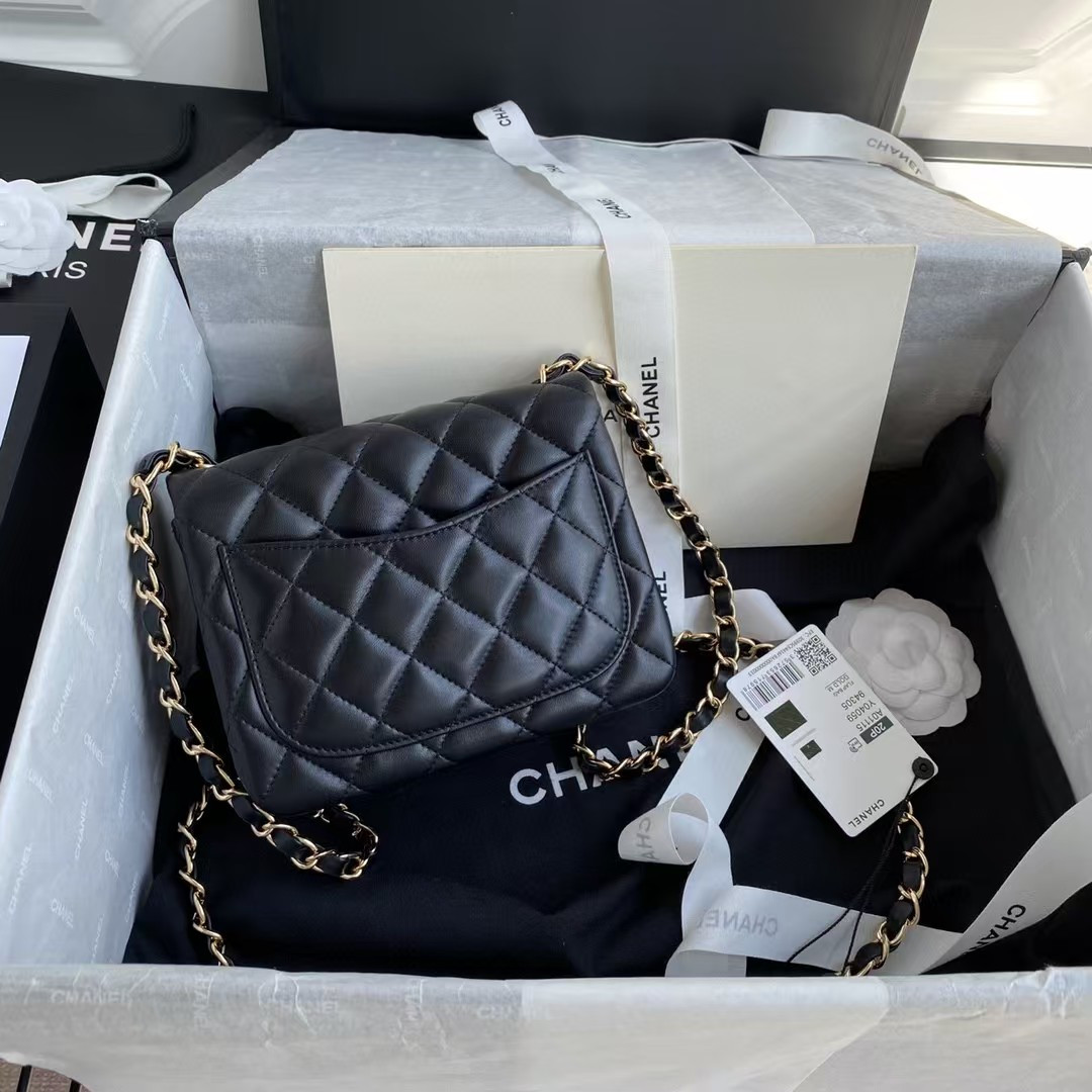 Ch*el mini classic handbag lambskin & gold-tone metal black 5.3 × 6.6 × 3.1 in