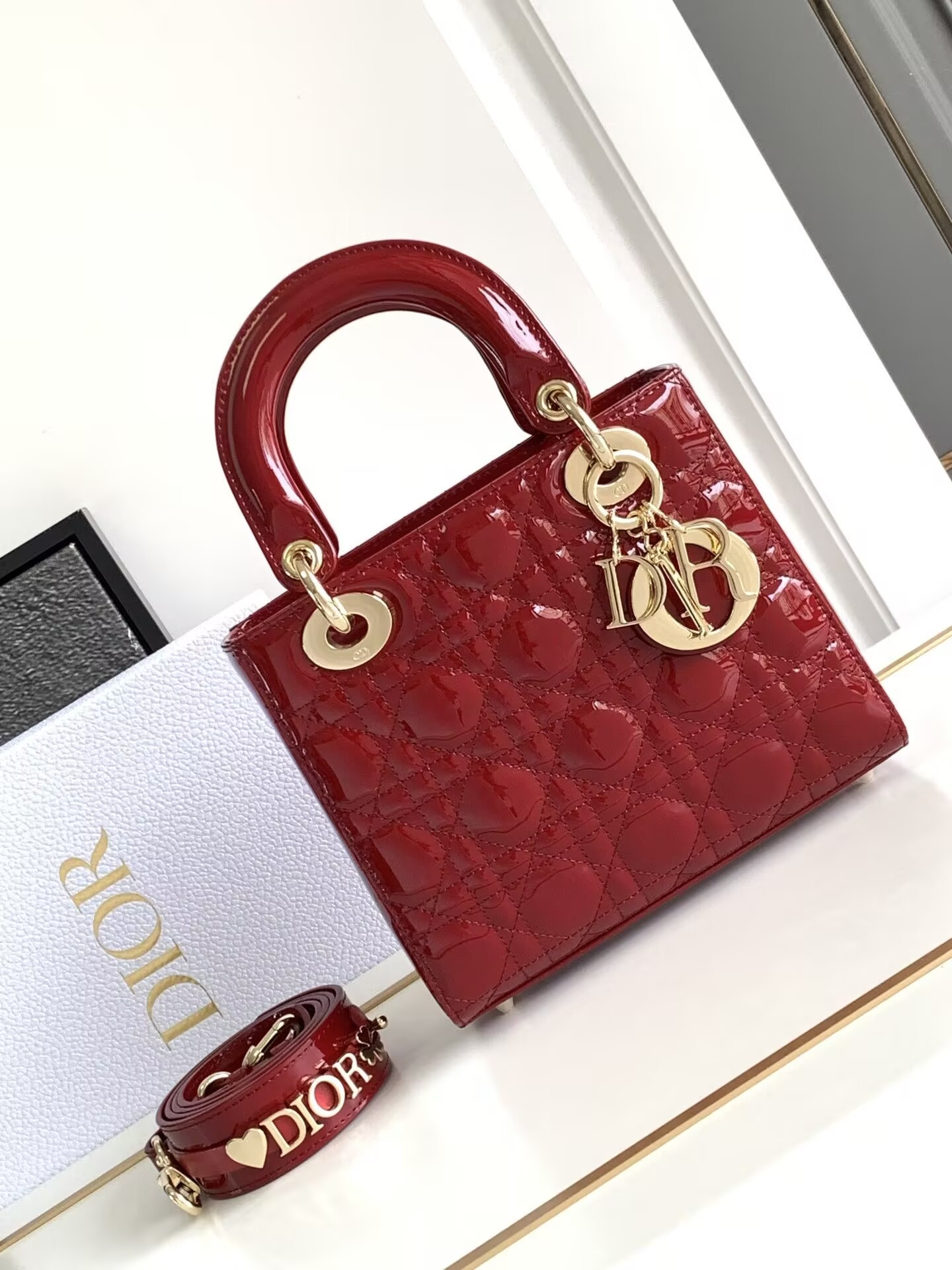 small lady D*or my abcD*or bag red patent 8 x 6.5 x 3 inches