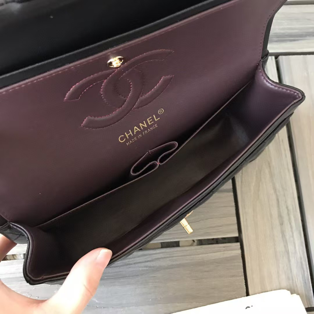 Ch*el small classic handbag gold  metal black 14.5×23×6cm