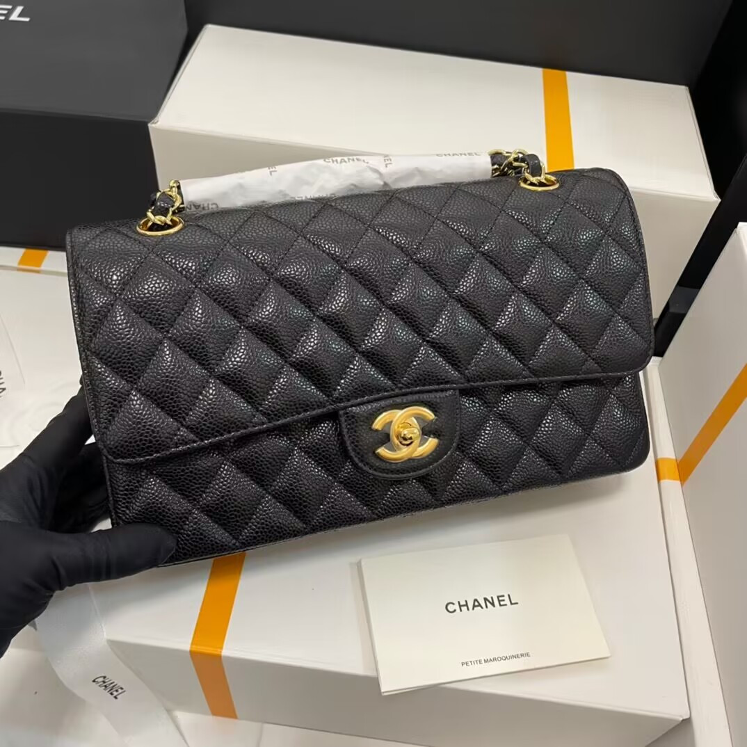 Ch*el classic handbag grained calfskin 6 × 9.9 × 2.5 in