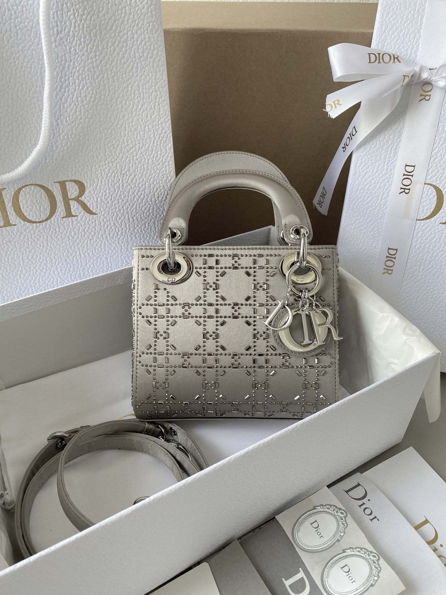 mini lady D*or bag gray 6.5 x 6 x 3 inches