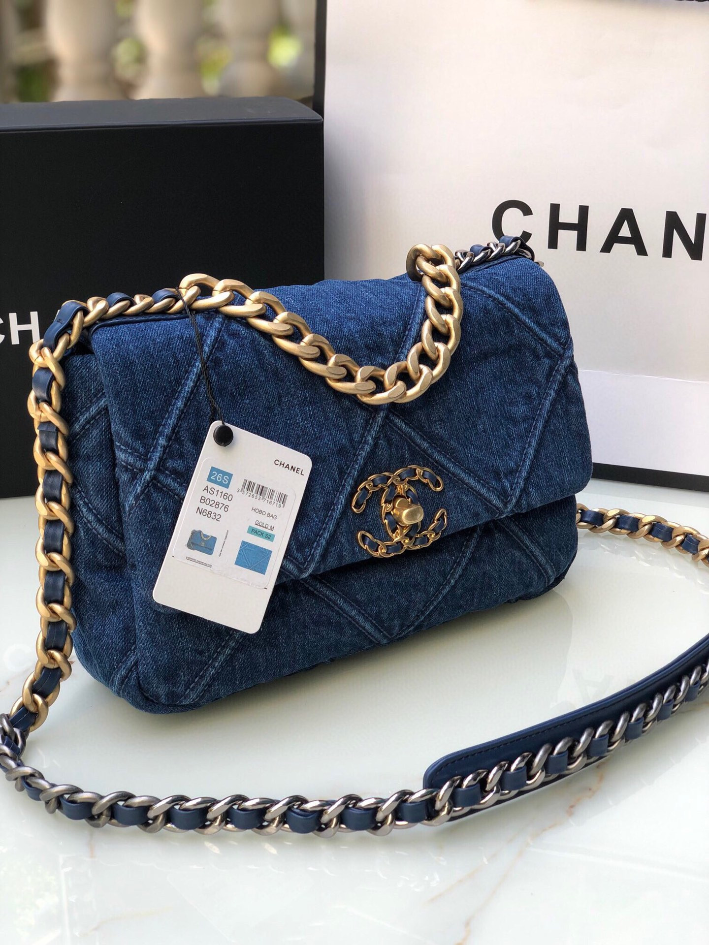 Ch*el 19 handbag ruthenium-finish metal navy 6.2 × 10.1 × 3.5 in