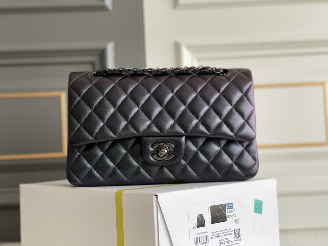 Ch*el crumpled calfskin quited double flap black 19.5×30×10cm