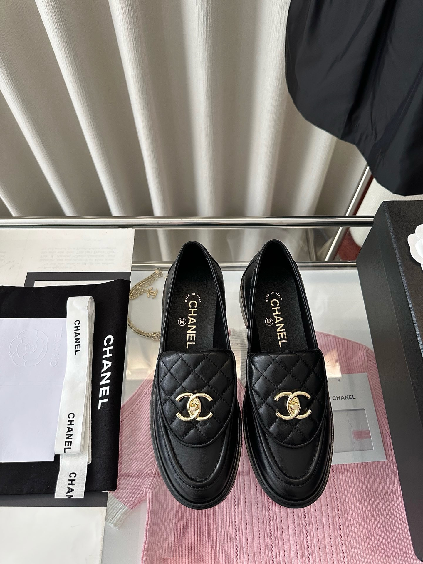 Ch*el quilted tab loafers black leather