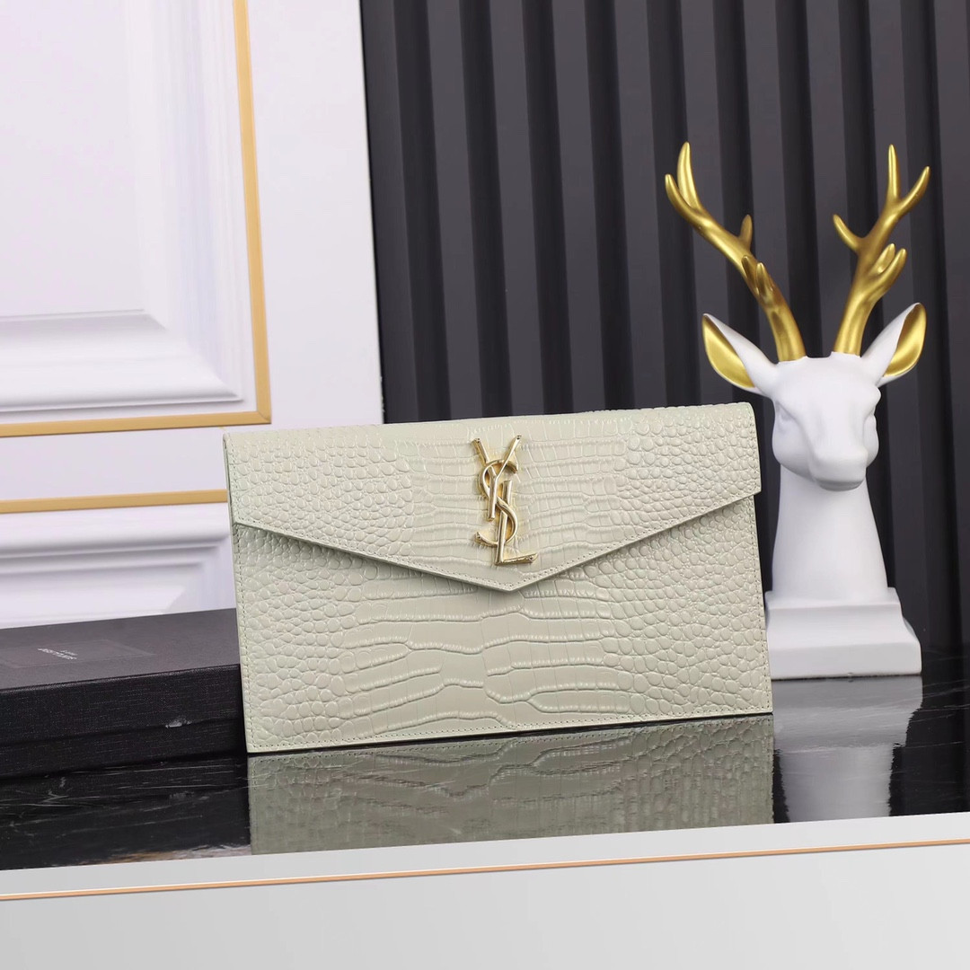 Y*L uptown pouch in crocodile-embossed shiny leather blanc vintage 10.6 x 6.2 x 0.7 inches