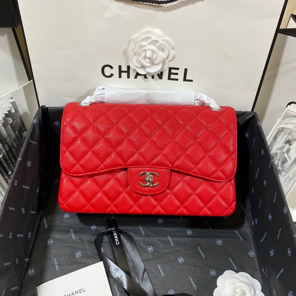 Ch*el classic flap jumbo 30cm cf red silver7.6 × 11.7 × 3.9 in