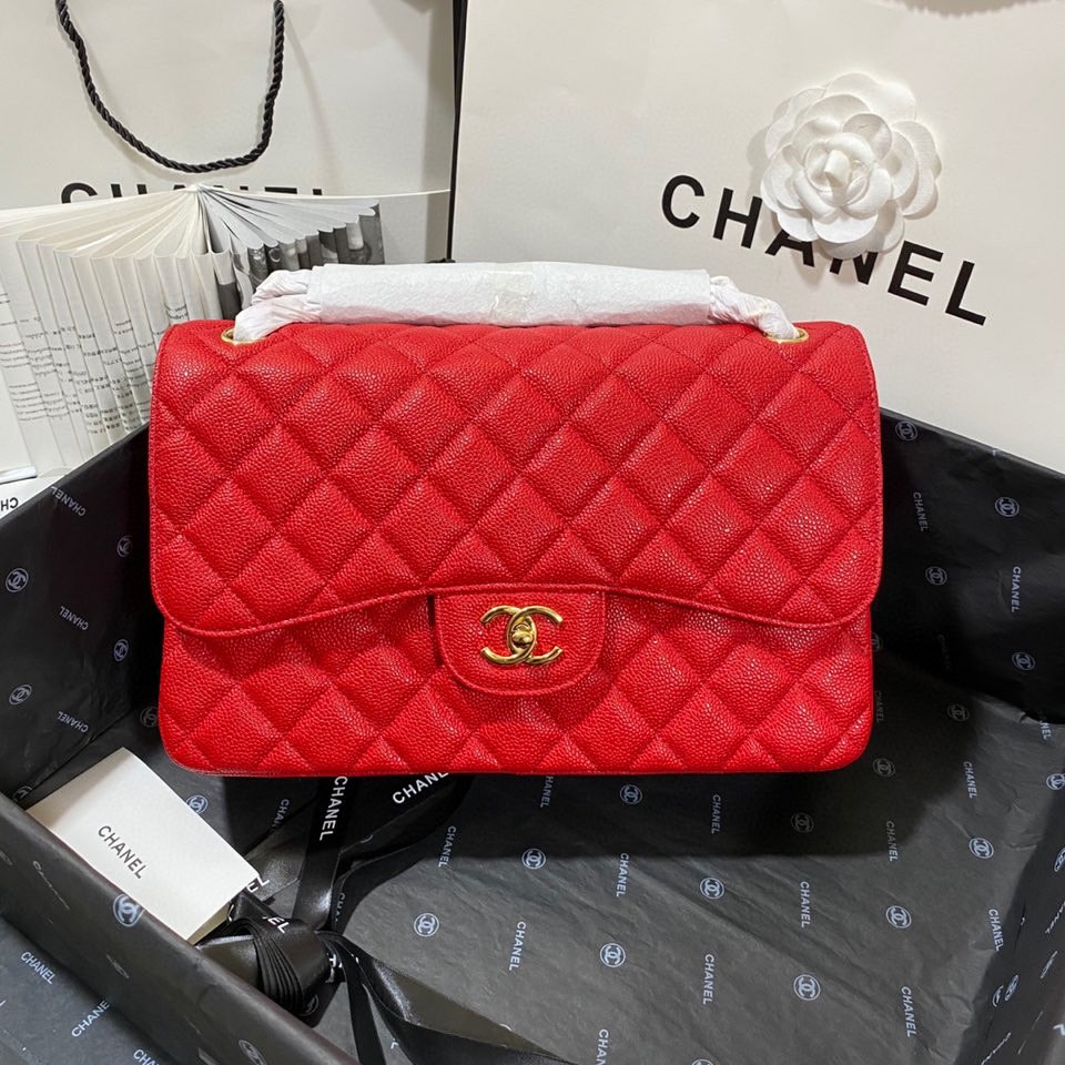 Ch*el classic flap jumbo 30cm cf red gold 7.6 × 11.7 × 3.9 in