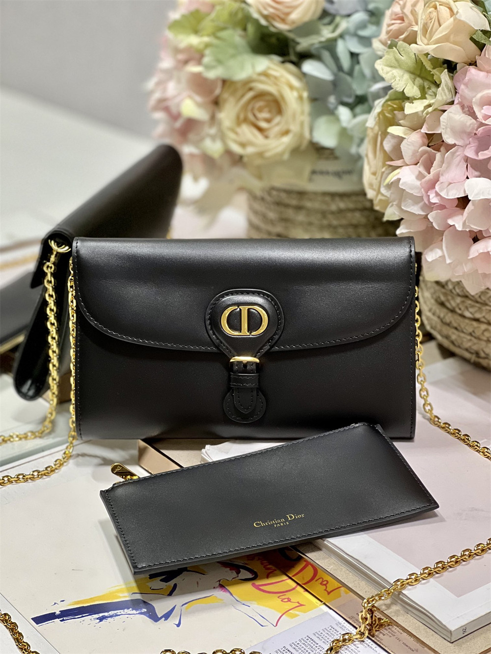 D*or bobby east-west pouch with chain latte smooth calfskin black