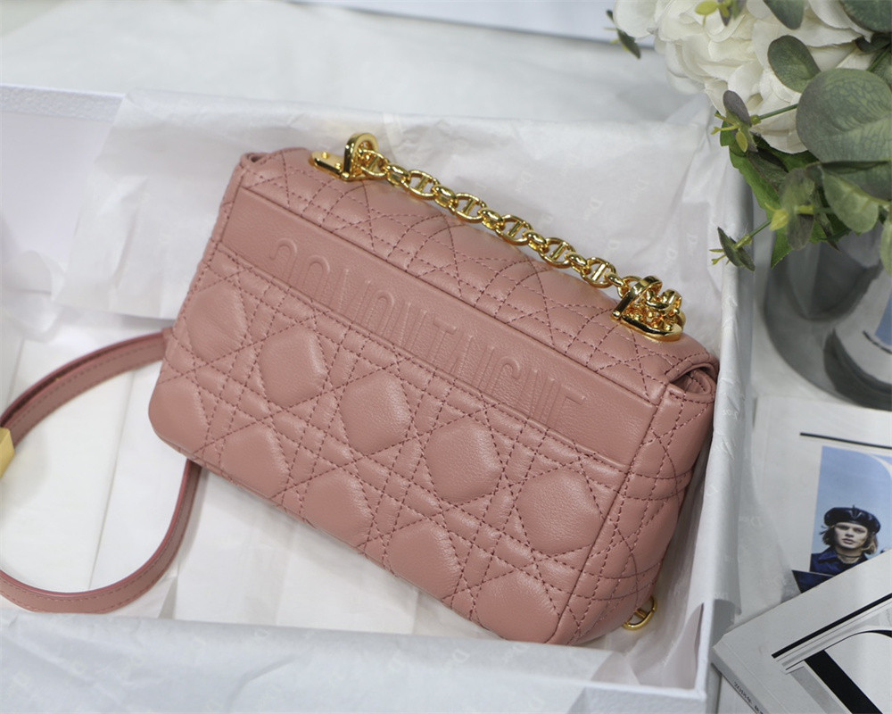 small d*or caro bag pink S*pple cannage calfskin with silver hardware 20 x 12 x 7 cm