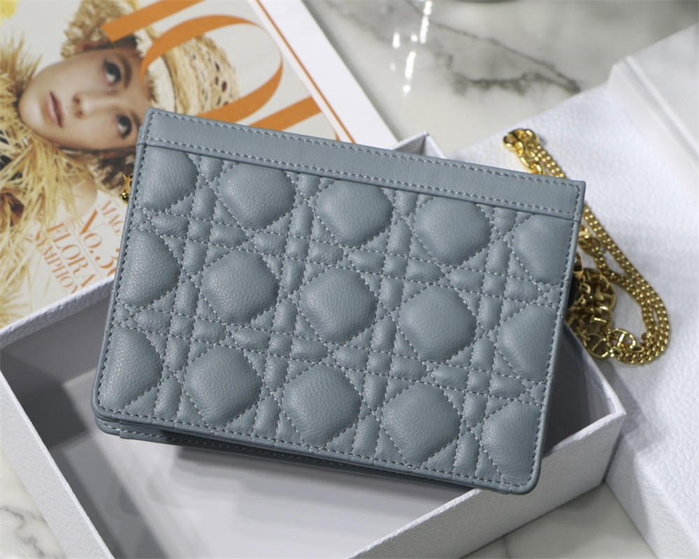d*or caro zipped pouch with chain blue S*pple cannage calfskin 19 x 14 x 4.5 cm