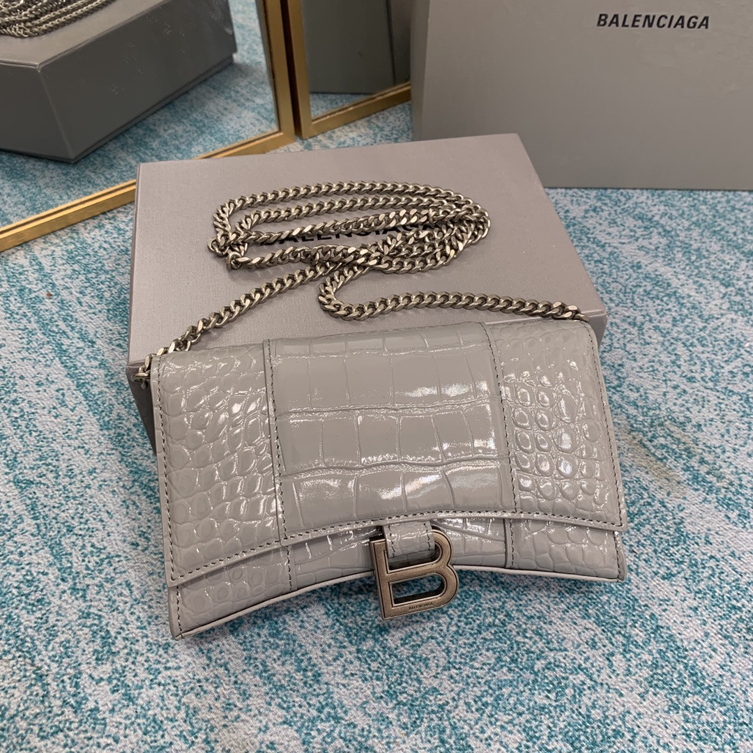 Ba*len*cia*ga women's hourglass wallet on chain crocodile embossed in apricot l7.6 x h4.7 x w1.9 inch