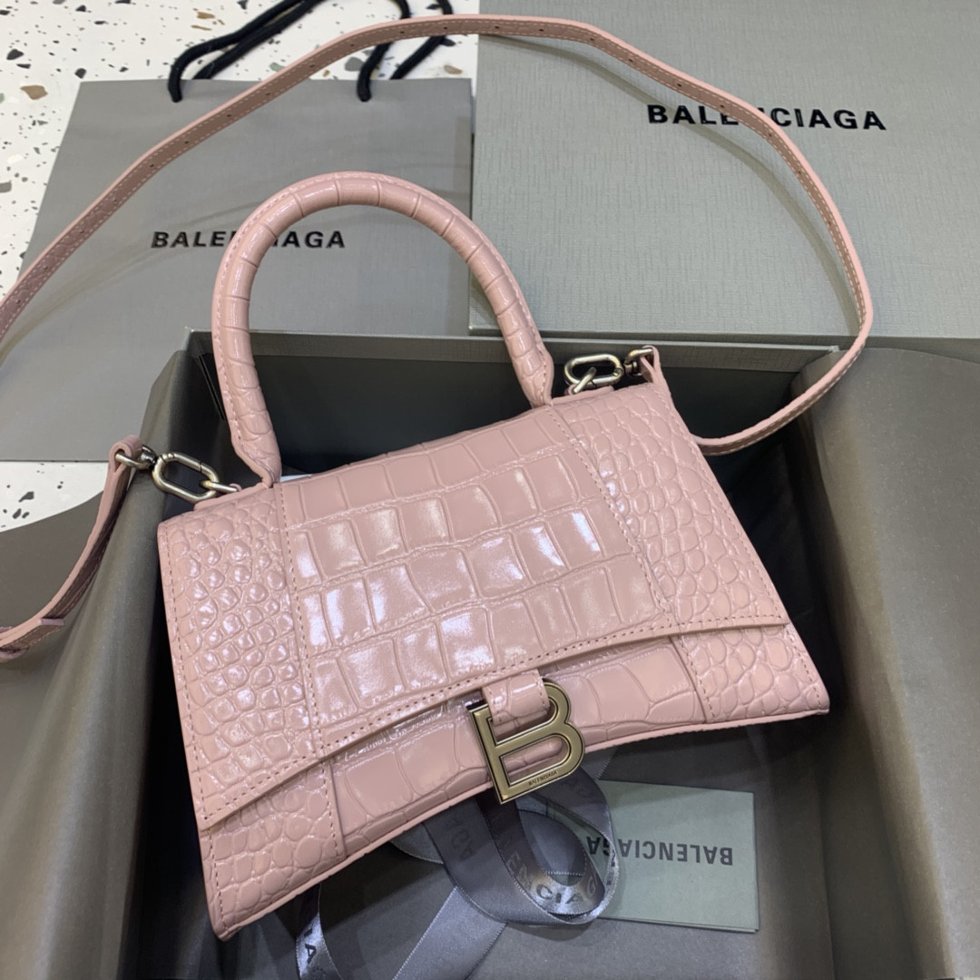 Ba*len*cia*ga women's hourglass small handbag crocodile embossed in pink l9 x h5.5 x w3.9 inch