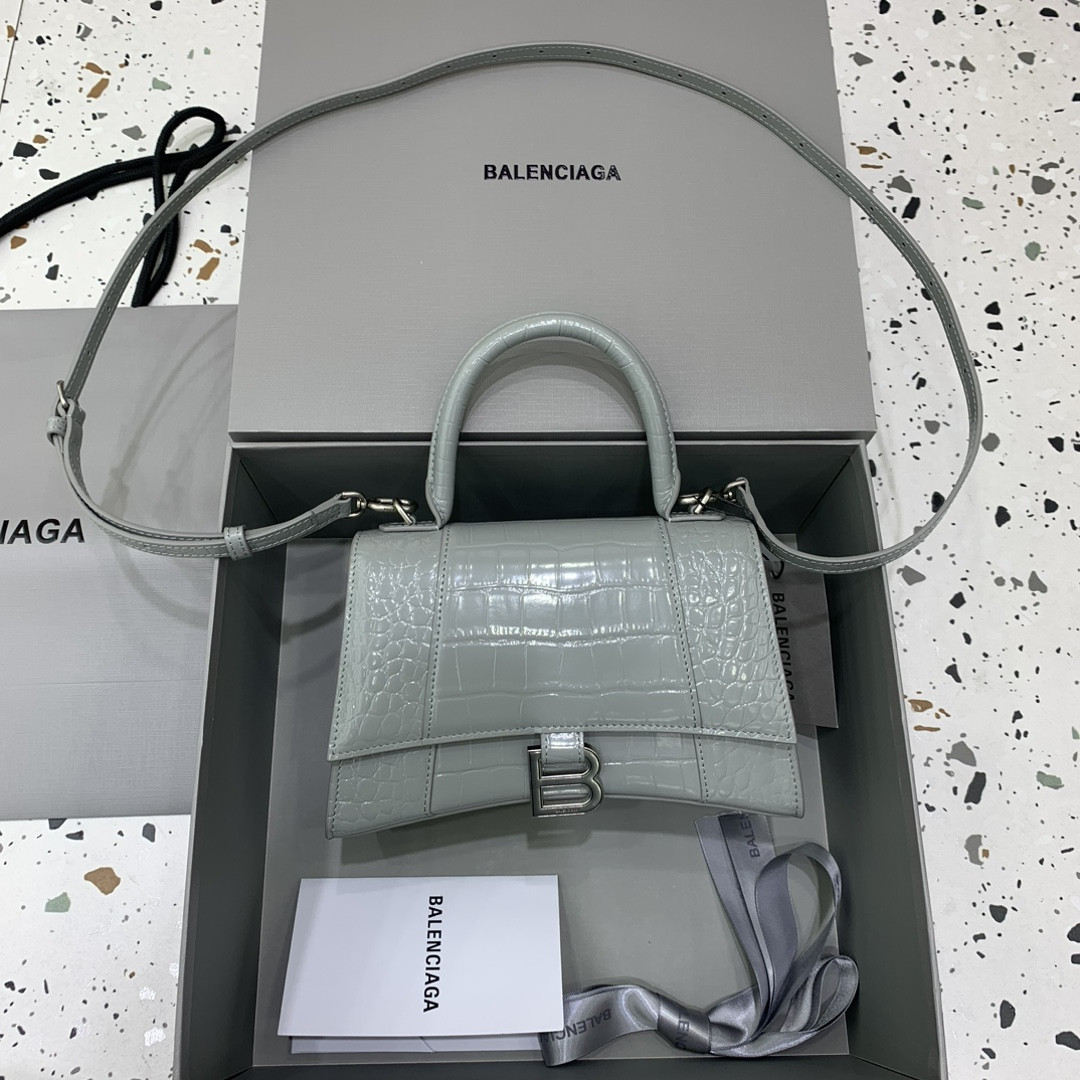Ba*len*cia*ga women's hourglass small handbag crocodile embossed in grey l9 x h5.5 x w3.9 inch