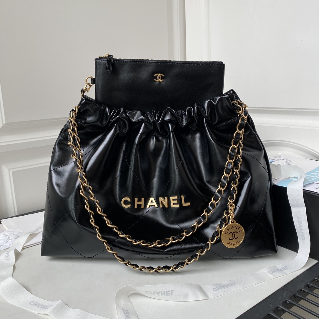 Ch*el 22 handbag shiny calfskin black 30×45×8cm