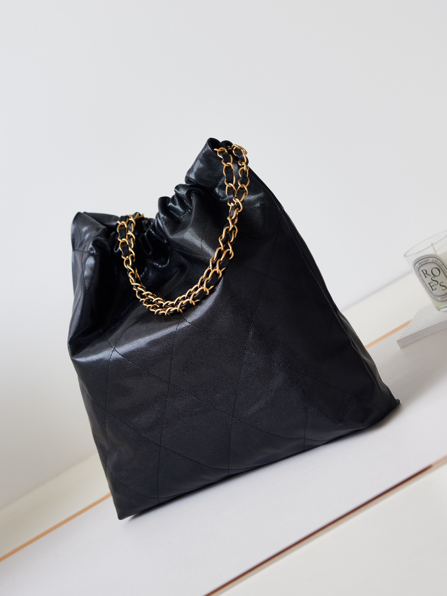 Ch*el 22 handbag shiny calfskin black 15.2×16.4×3.1 in
