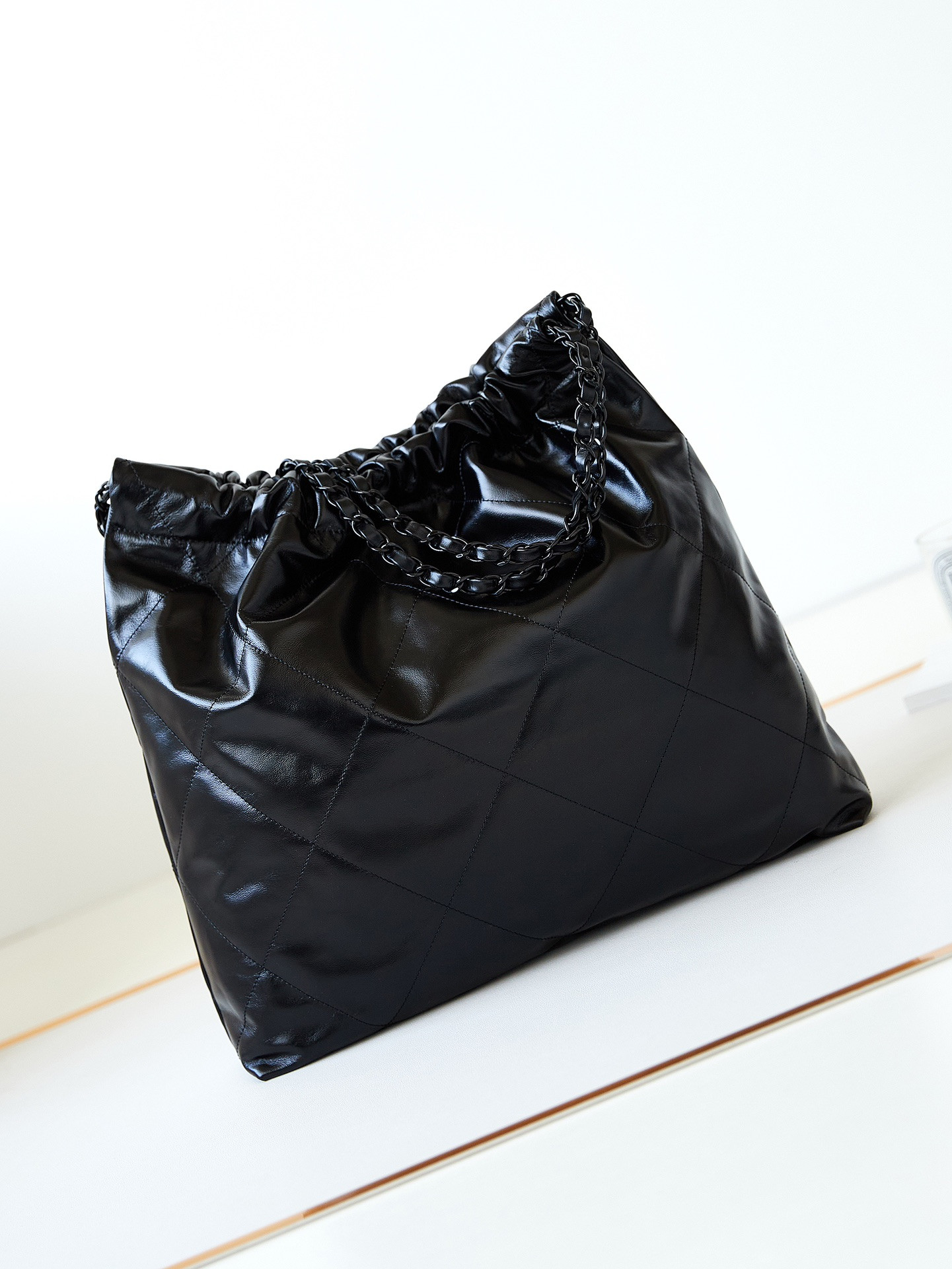 Ch*el 22 handbag shiny calfskin all black 15.2×16.4×3.1 in