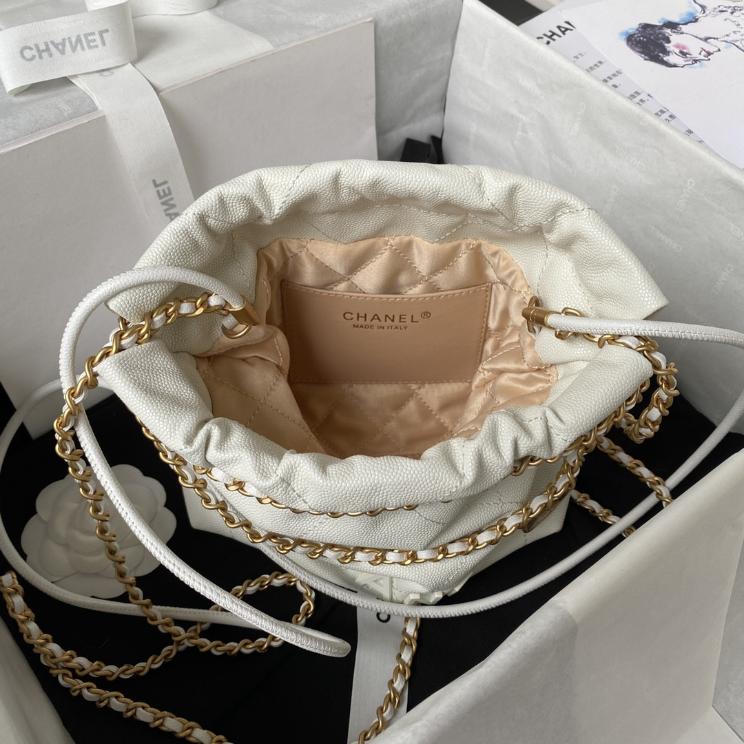 Ch*el 22 mini handbag grained leather white 7.8 × 7.4 × 2.3 in