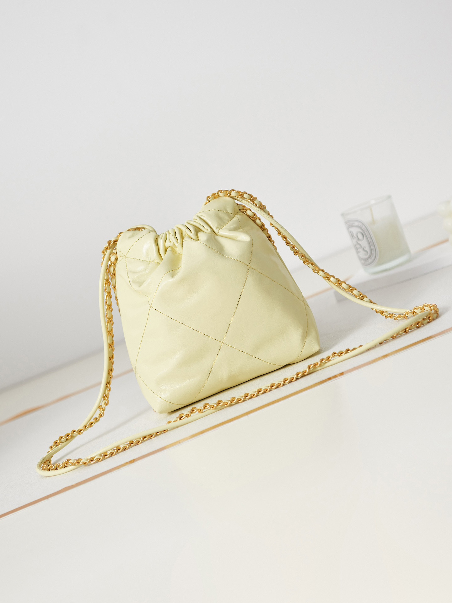 Ch*el 22 mini handbag shiny calfskin yellow 7.8 × 7.4 × 2.3 in