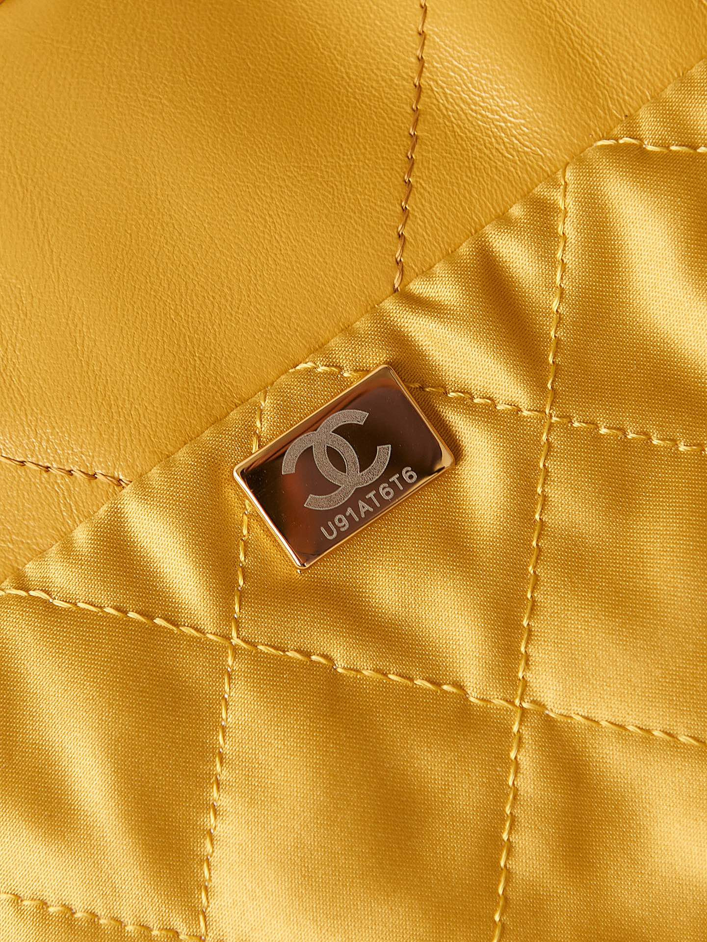 Ch*el 22 small handbag shiny calfskin yellow 13.7×14.4×2.7 in
