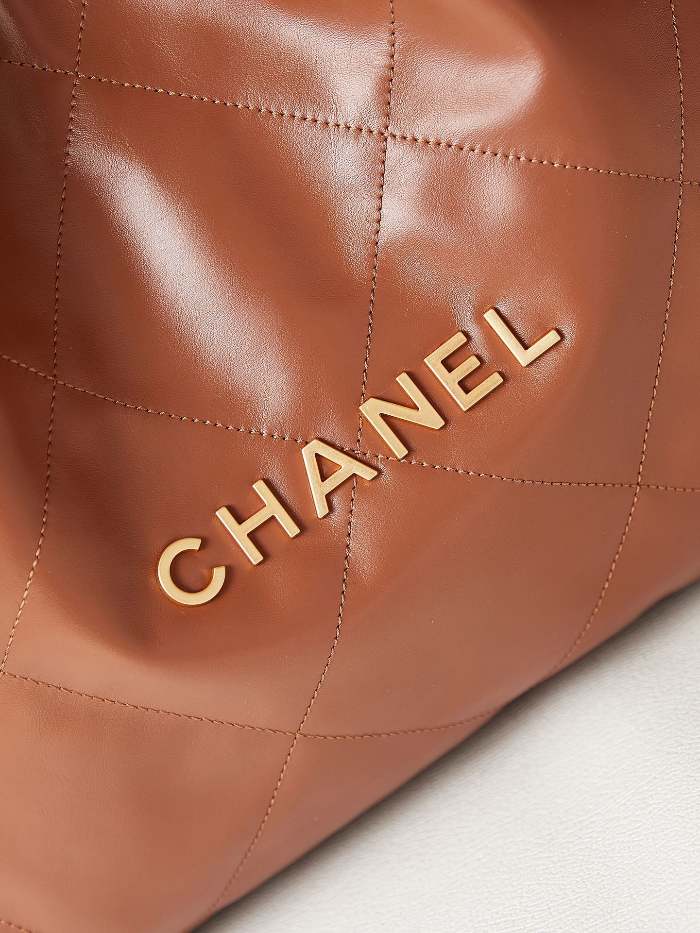 Ch*el 22 small handbag shiny calfskin brown 13.7×14.4×2.7 in