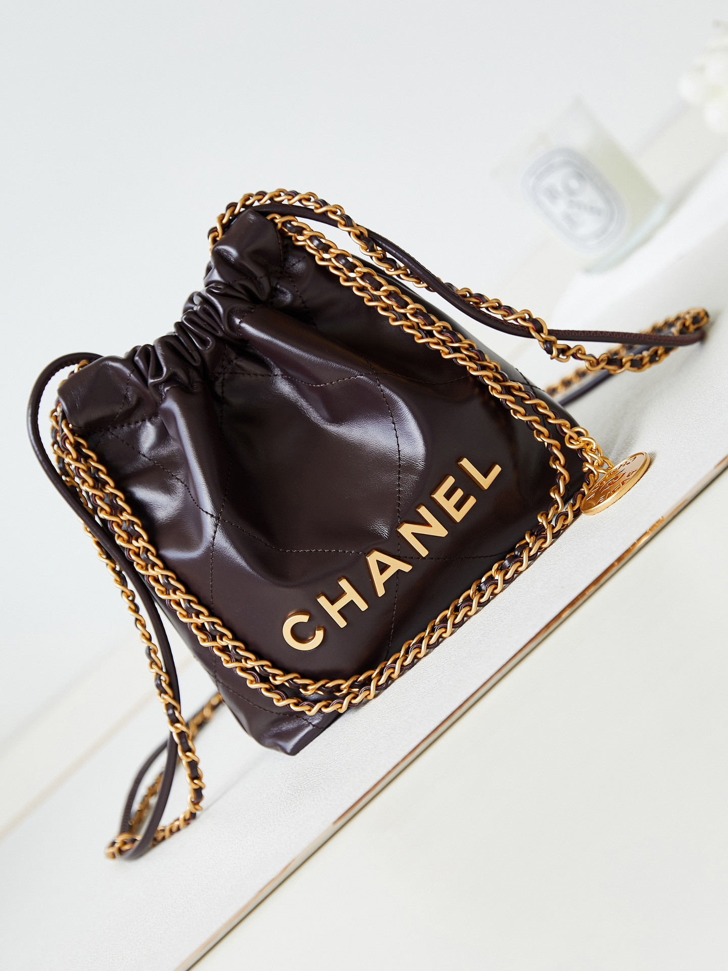 Ch*el 22 mini handbag shiny calfskin 7.8 × 7.4 × 2.3 in