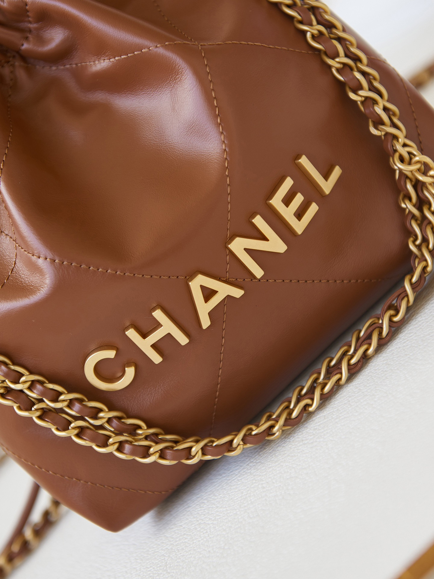 Ch*el 22 mini handbag shiny calfskin brown 7.8 × 7.4 × 2.3 in