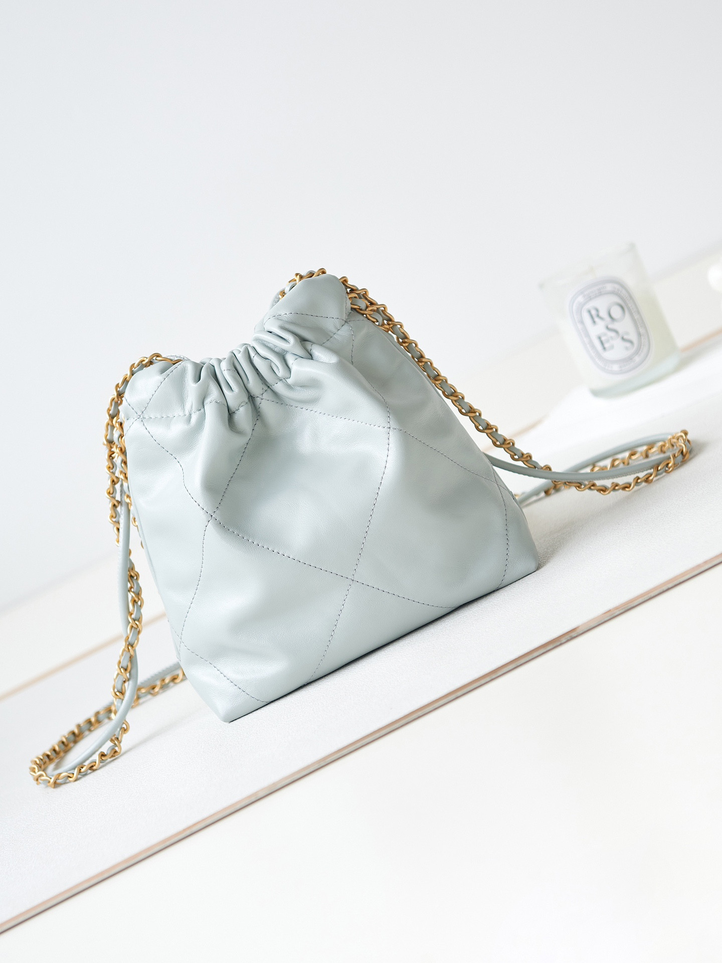 Ch*el 22 mini handbag shiny calfskin light blue 7.8 × 7.4 × 2.3 in