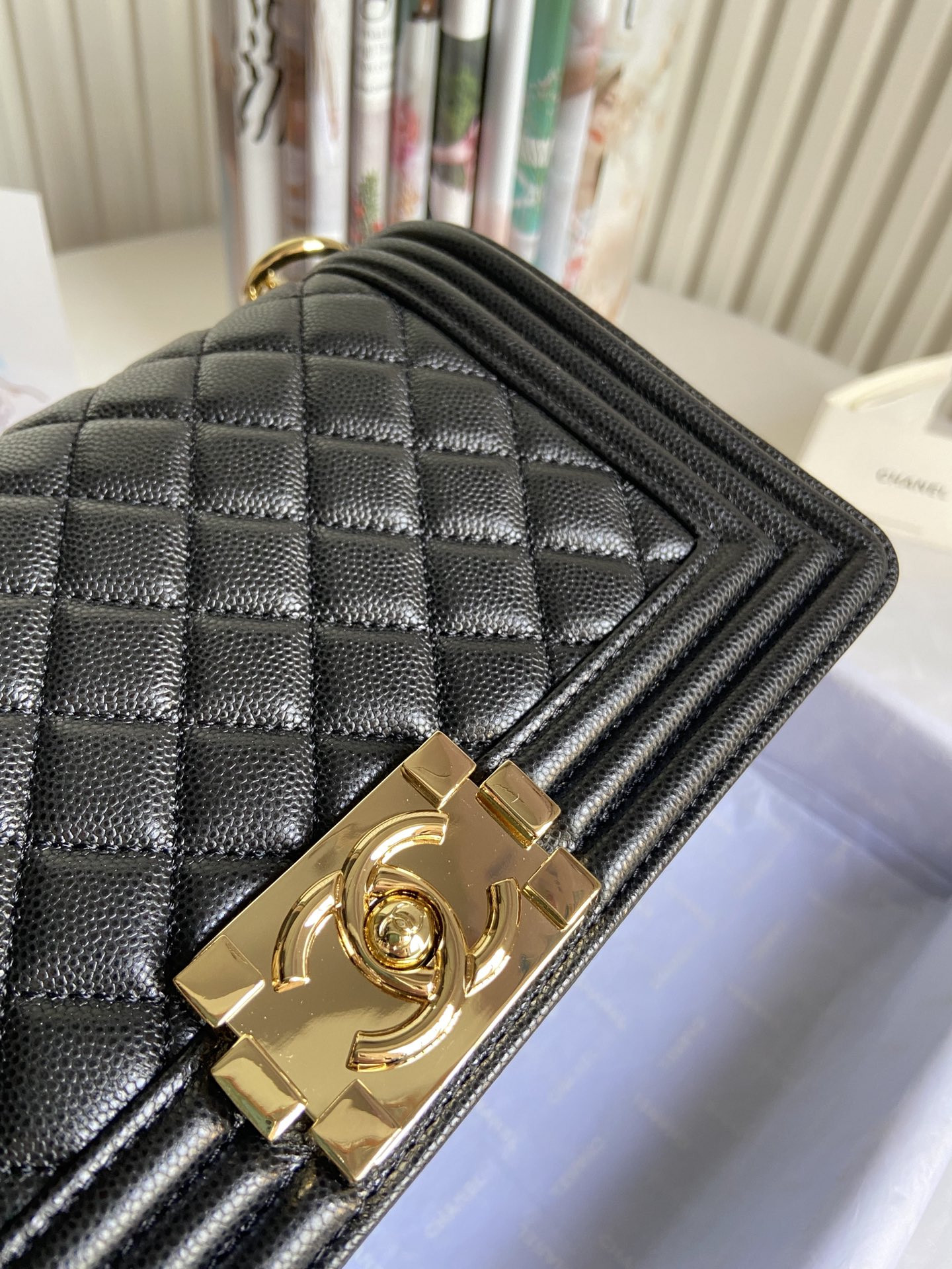boy Ch*el handbag shiny grained calfskin & gold-tone metal black 5.9 × 9.8 × 3.5 in