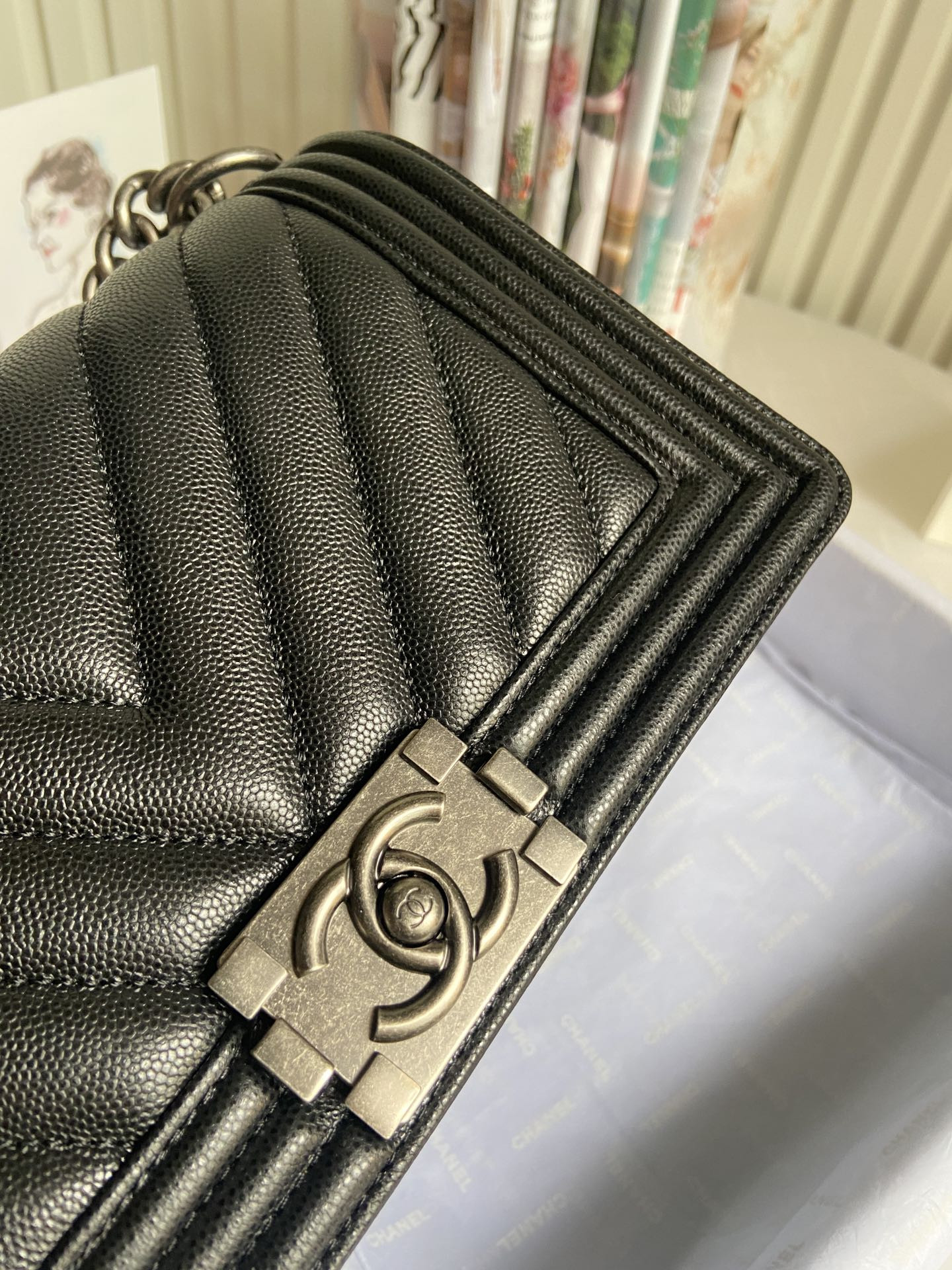 boy Ch*el handbag shiny grained calfskin 5.9 × 9.8 × 3.5 in