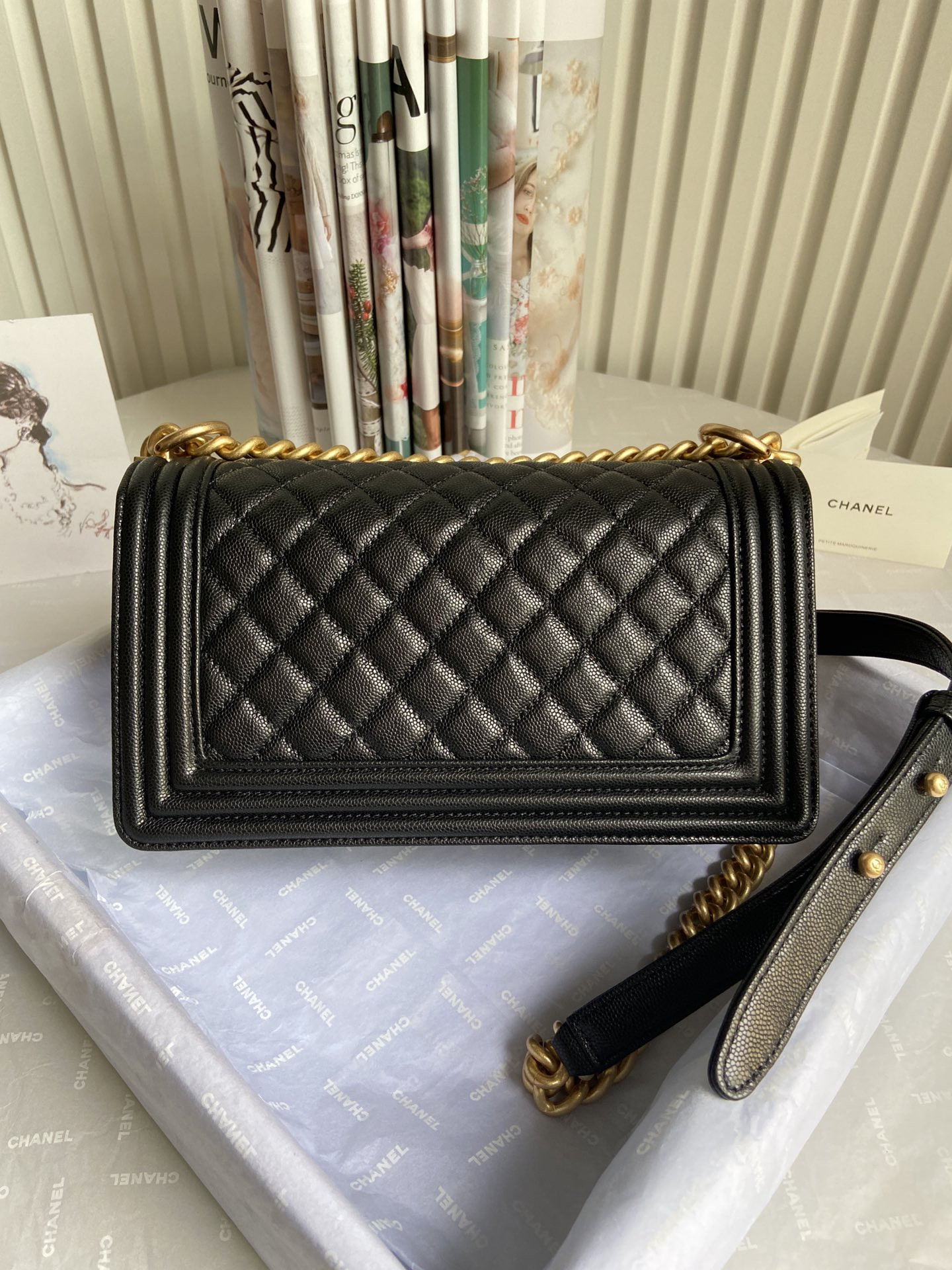 boy Ch*el handbag shiny grained calfskin 5.9 × 9.8 × 3.5 in