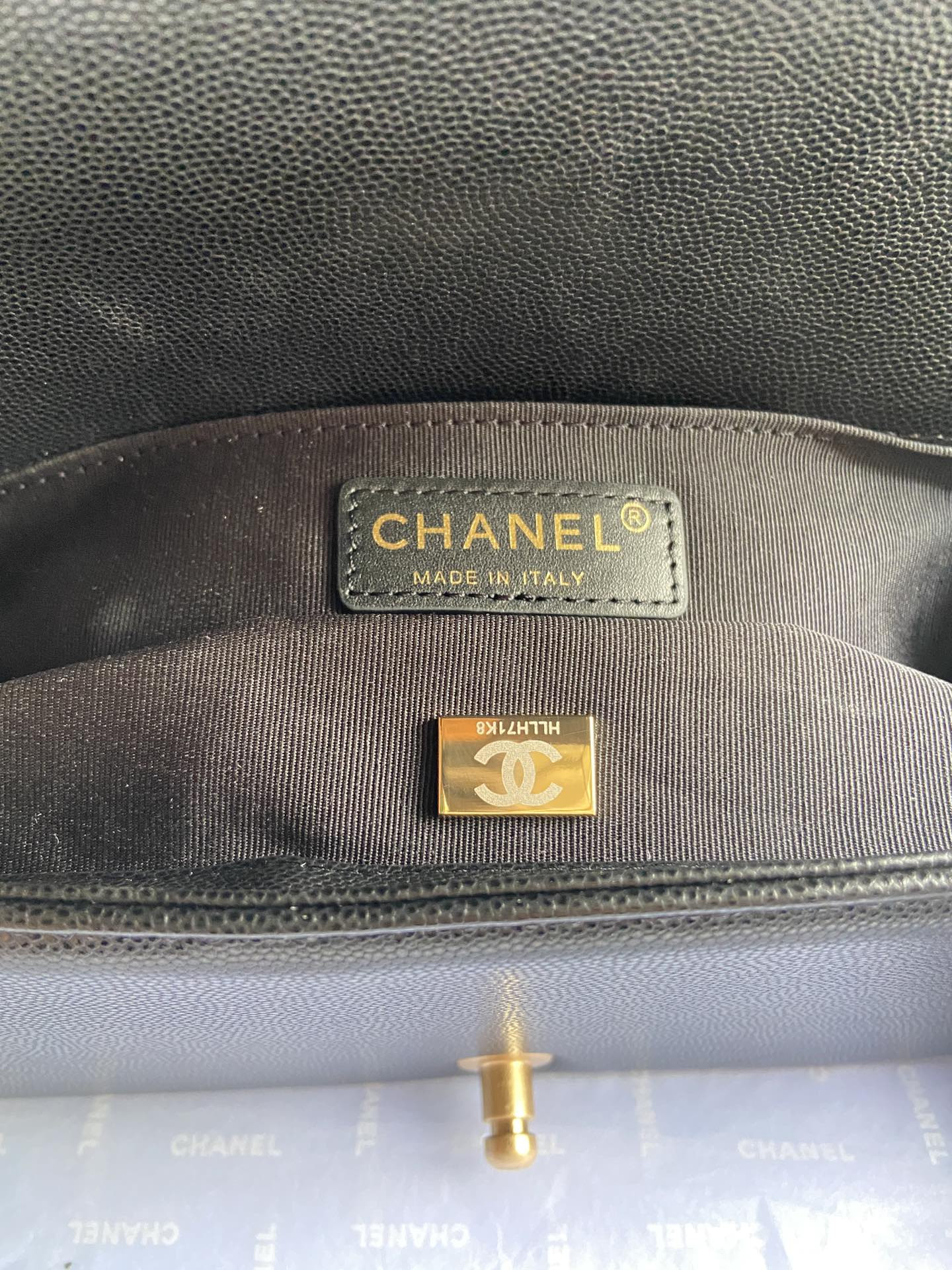 boy Ch*el handbag shiny grained calfskin 5.9 × 9.8 × 3.5 in