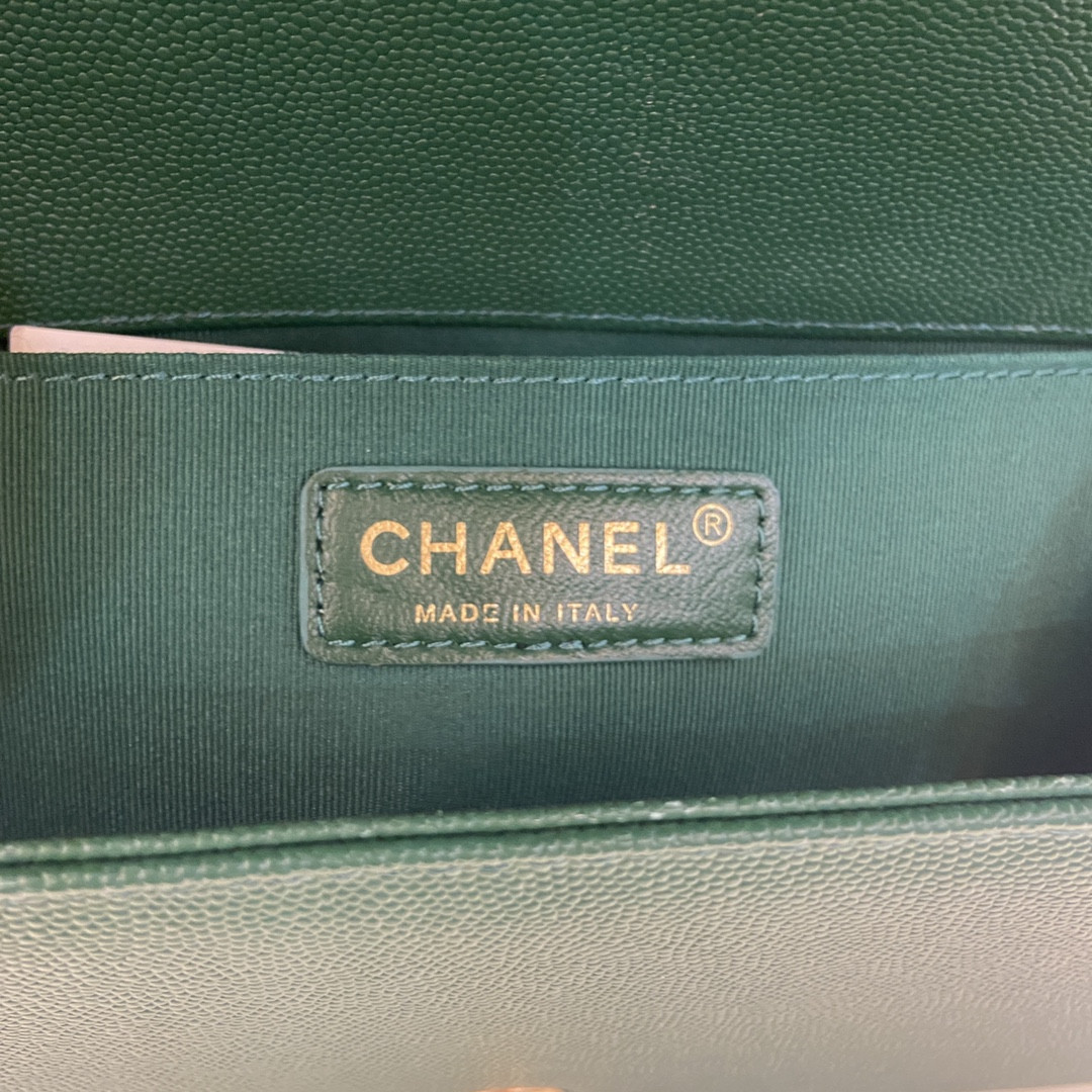 boy Ch*el handbag shiny grained calfskin & gold-tone metal green 5.9 × 9.8 × 3.5 in
