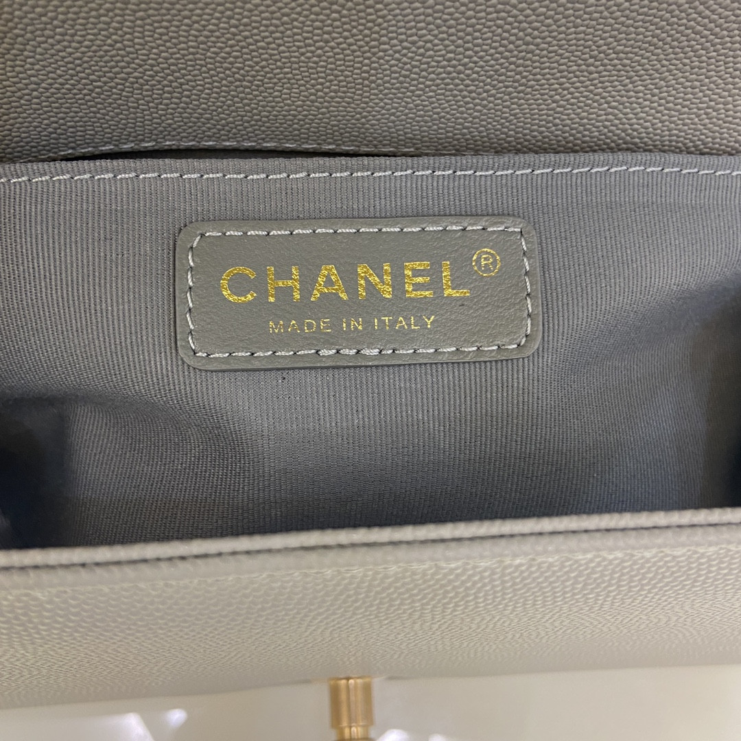 boy Ch*el handbag shiny grained calfskin & gold-tone metal gray 5.9 × 9.8 × 3.5 in