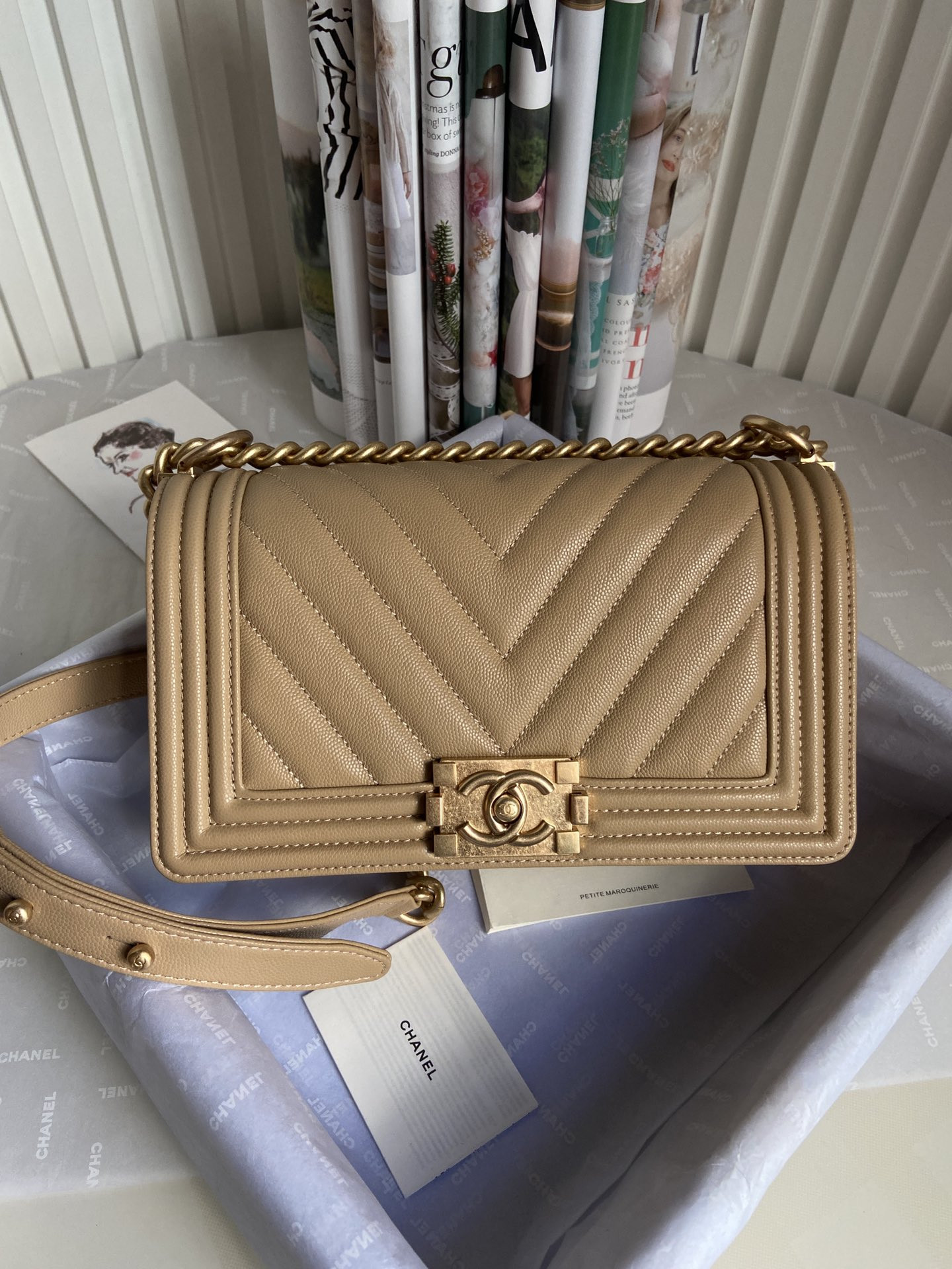 boy Ch*el handbag shiny grained calfskin brown 5.9 × 9.8 × 3.5 in