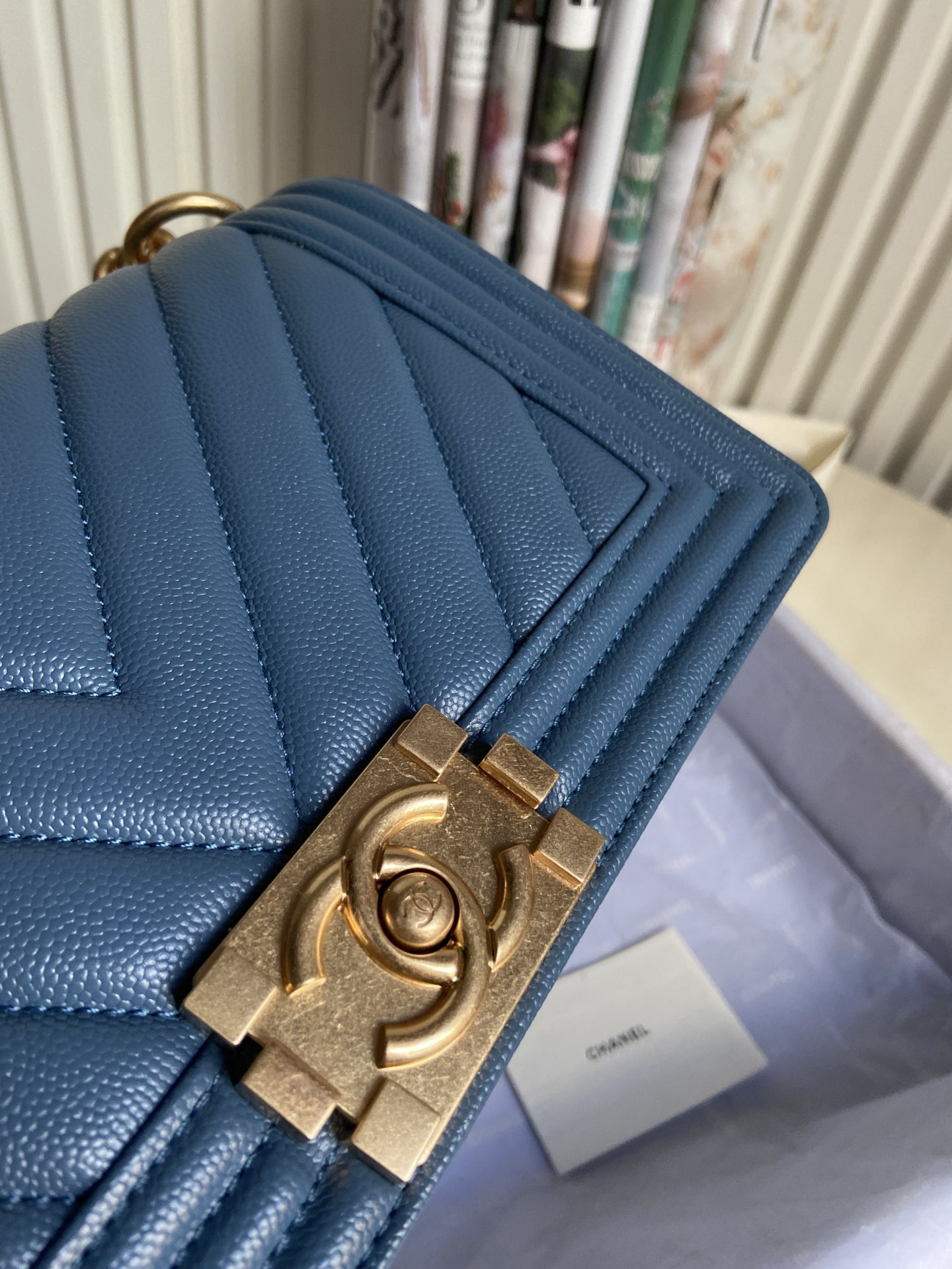 boy Ch*el handbag shiny grained calfskin & gold-tone metal blue 5.9 × 9.8 × 3.5 in