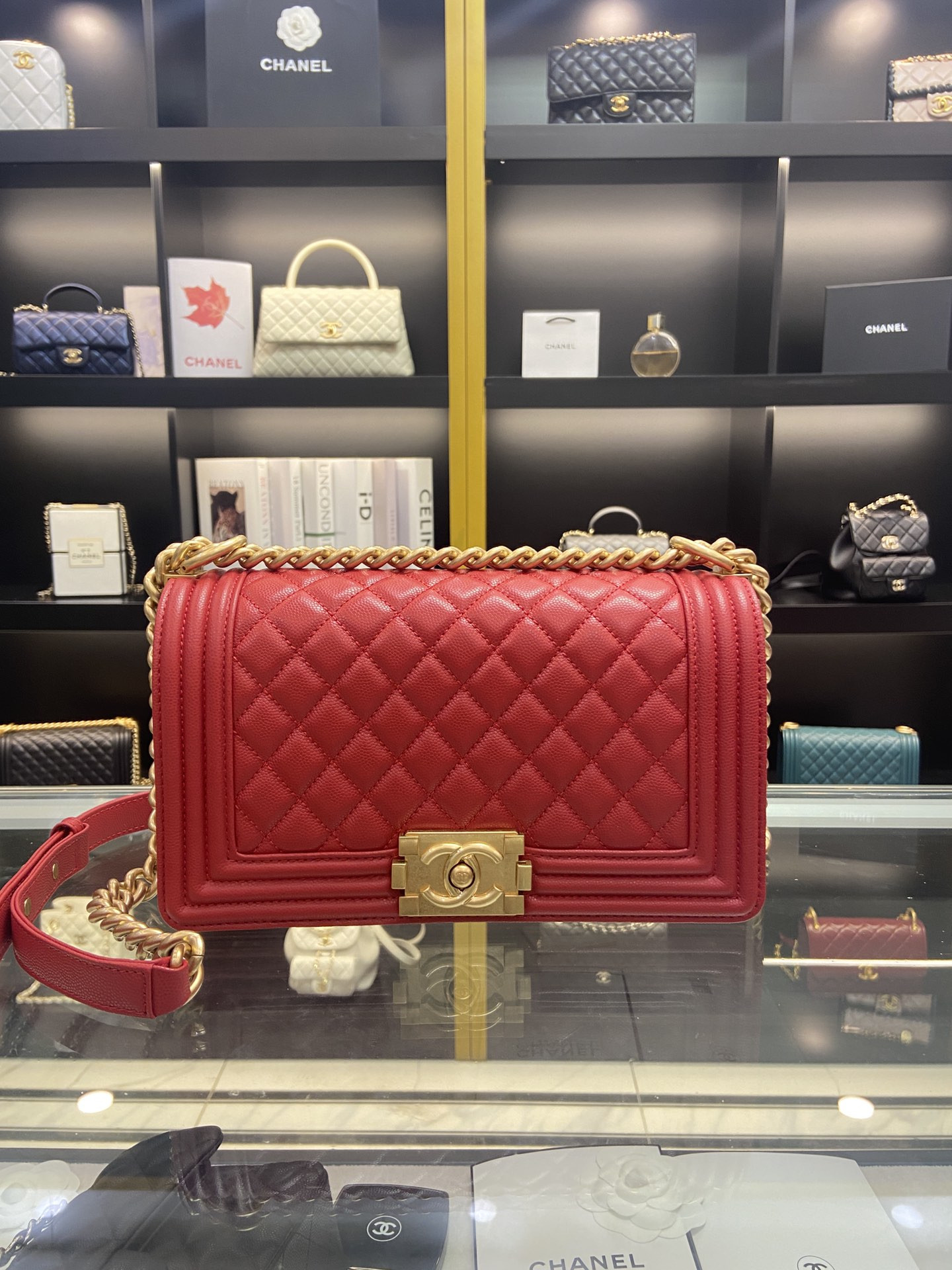 boy Ch*el handbag shiny red grained calfskin & gold-tone metal 5.9 × 9.8 × 3.5 in