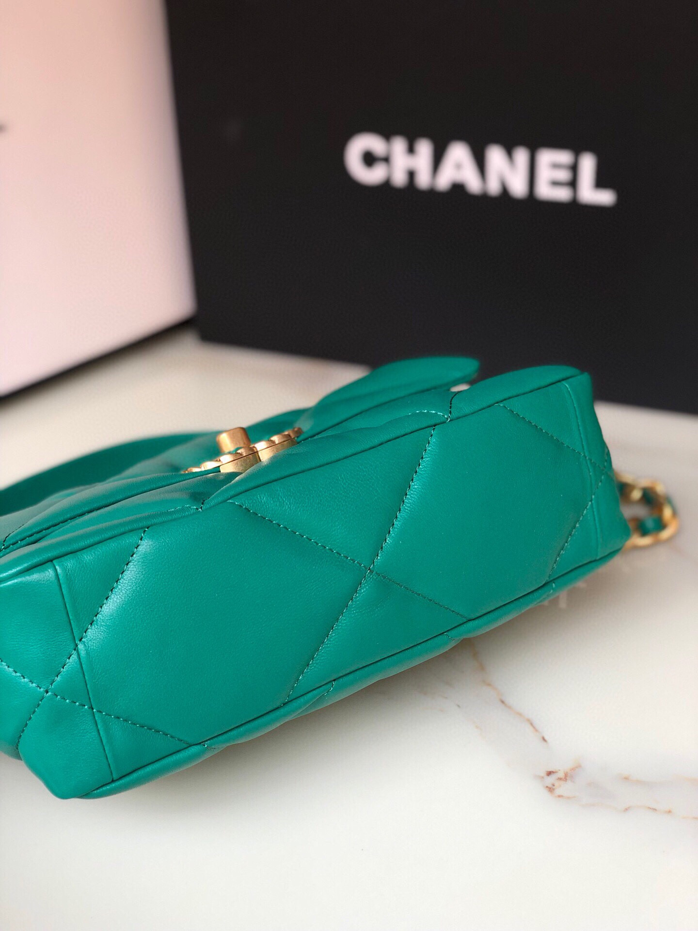 Ch*el 19 handbag shiny leather, gold-tone, silver-tone & ruthenium-finish metal green 6.2 × 10.1 × 3.5 in