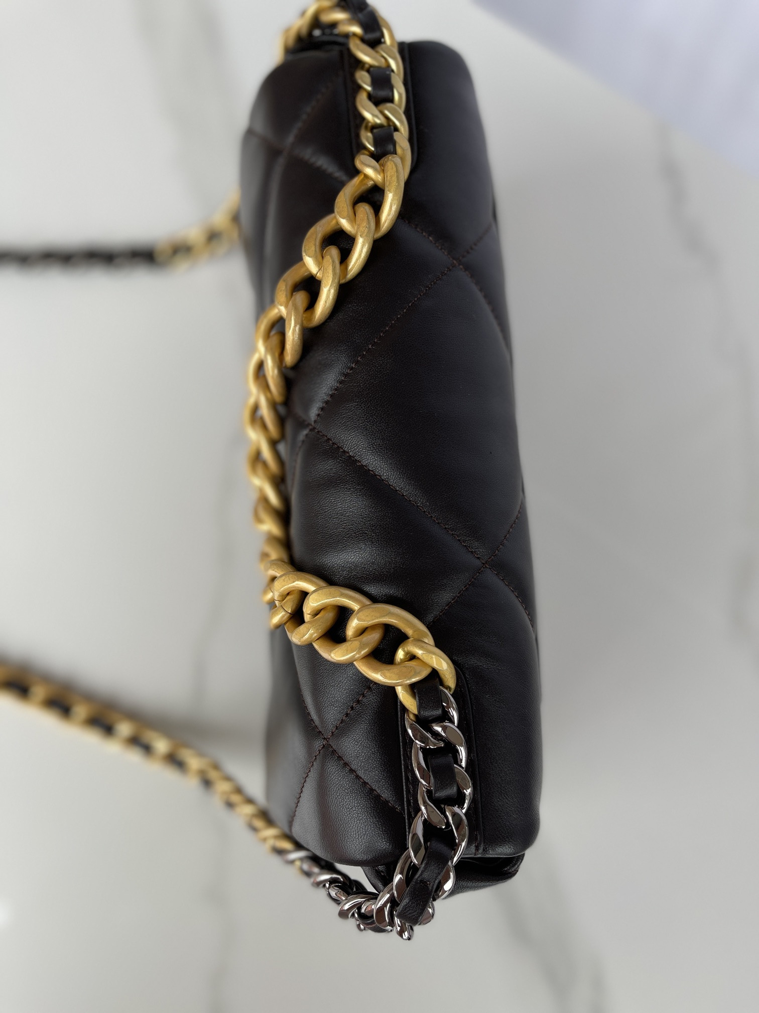 Ch*el 19 large handbag shiny leather, gold-tone, silver-tone & ruthenium-finish metal black 7.8 × 11.7 × 3.9 in